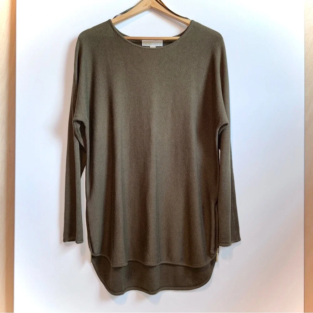 Michael Kors Knit Tunic Sweater Olive Green Size Large High Low Hem Zippers